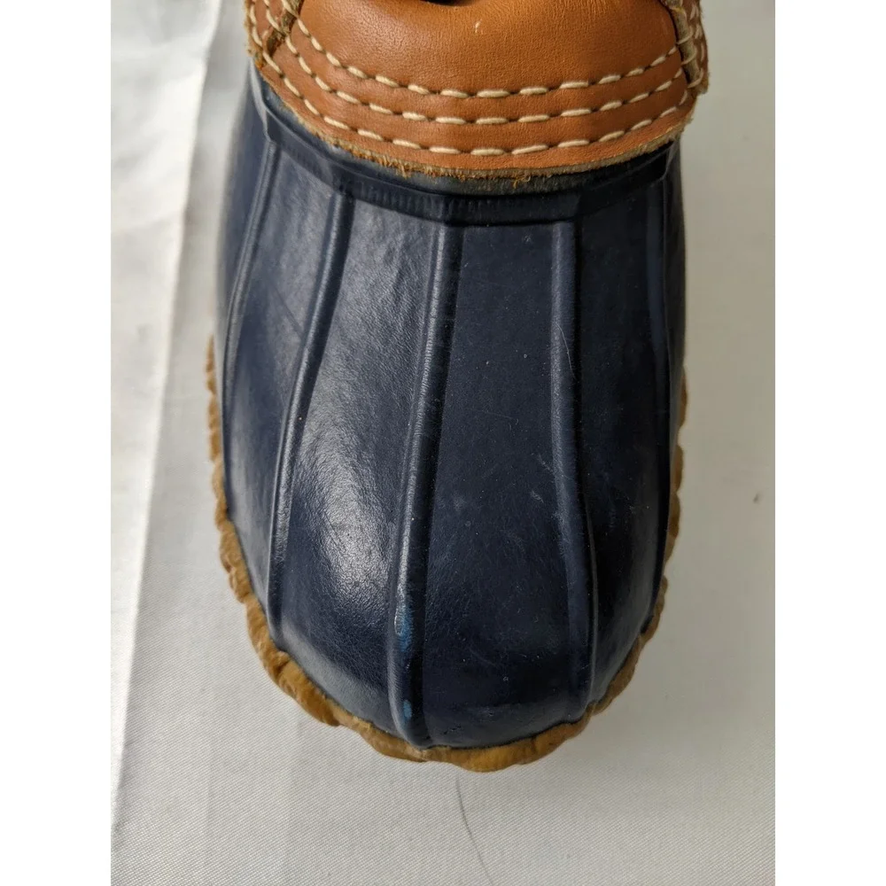 LL Bean Boots Womens 7 Low Gumshoe Duck Boots Navy Blue Tan Made in USA